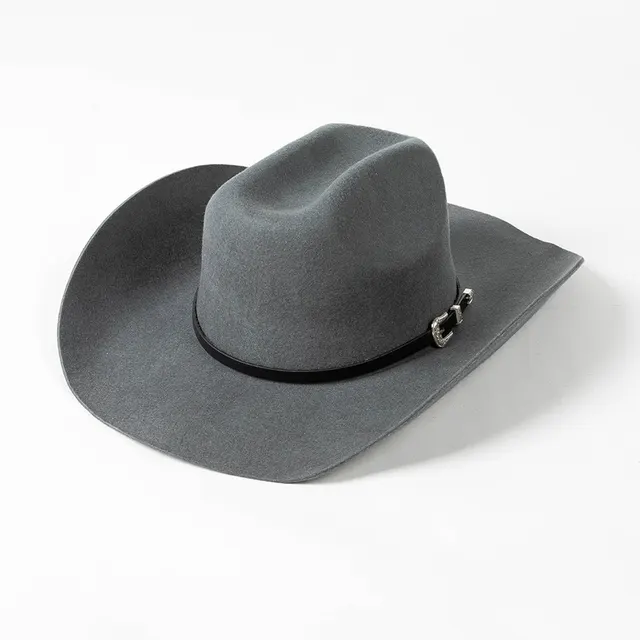 Belt Buckle Wide Brim Curling Wool Cowboy Hat Foggy Gray - Shop at LoveMi