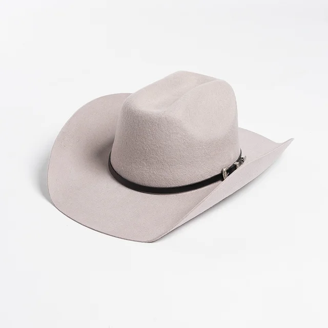 Belt Buckle Wide Brim Curling Wool Cowboy Hat Gray - Shop at LoveMi