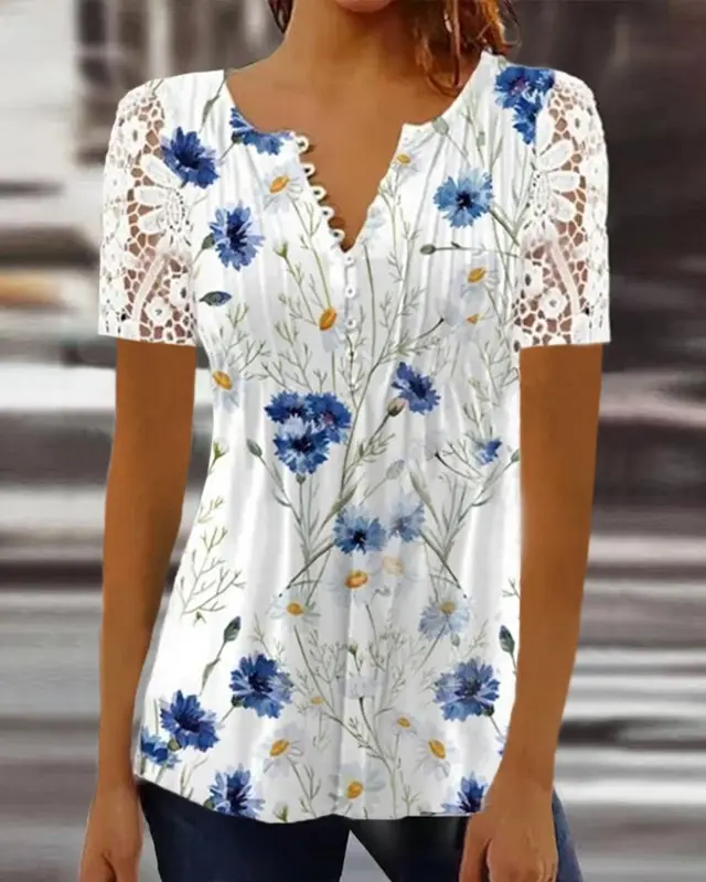 Women's Lace Lace Sleeve Pleated Solid Color Printing Button Short Sleeve Blue Flowers - Shop at LoveMi