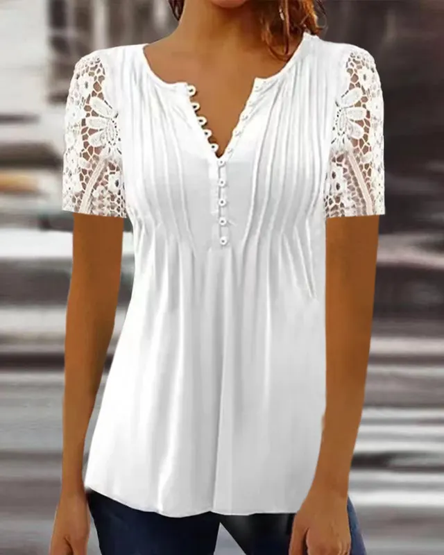 Women's Lace Lace Sleeve Pleated Solid Color Printing Button Short Sleeve White - Shop at LoveMi