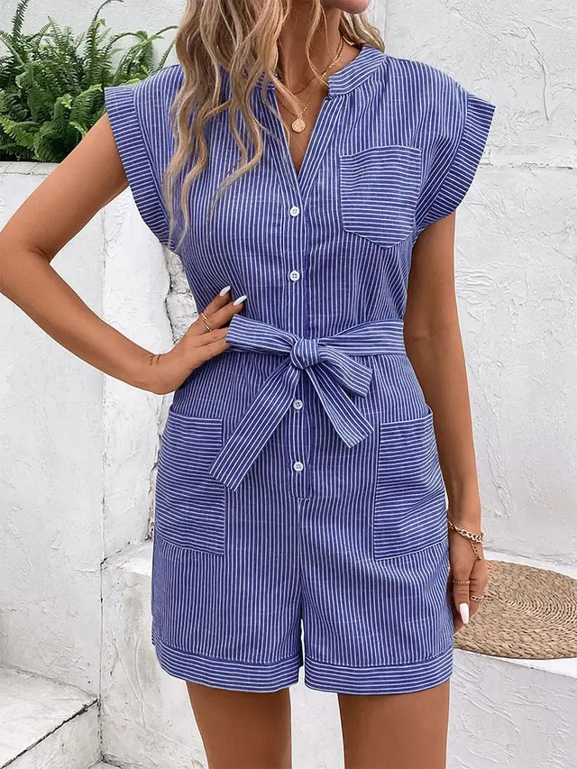 Hot Summer Leisure Commute Jumpsuit Pinstripe Short Sleeve One piece Shorts Blue - Shop at LoveMi