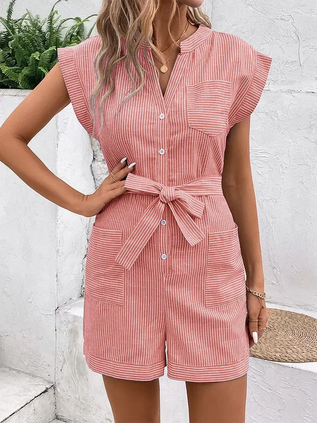 Hot Summer Leisure Commute Jumpsuit Pinstripe Short Sleeve One piece Shorts Coral Pink - Shop at LoveMi