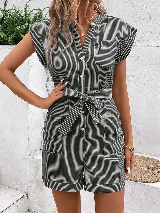 Hot Summer Leisure Commute Jumpsuit Pinstripe Short Sleeve One piece Shorts Dark Blue - Shop at LoveMi