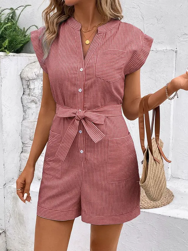 Hot Summer Leisure Commute Jumpsuit Pinstripe Short Sleeve One piece Shorts Red - Shop at LoveMi