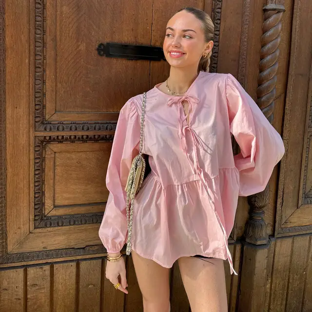 Fashion Striped Stitching Shirt Top For Women Pink - Shop at LoveMi