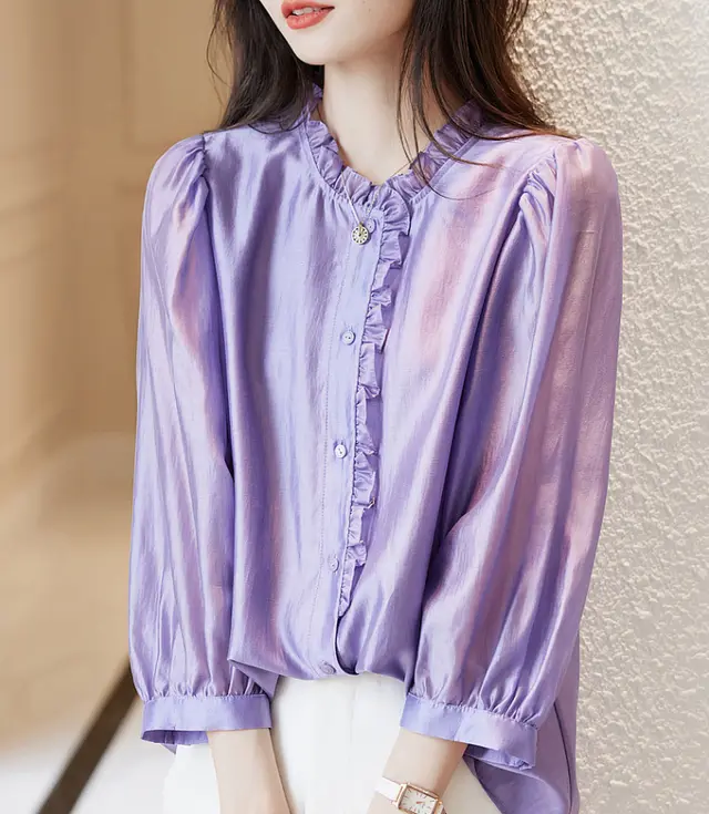 Nine quarter Sleeve Shirt Women's Puff Sleeve Thin Solid Color Top Rose Purple - Shop at LoveMi