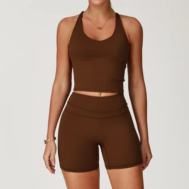 Brushed Tight Back Yoga Suit Stretch High Waist Workout Clothes Chocolate Brown - Shop at LoveMi
