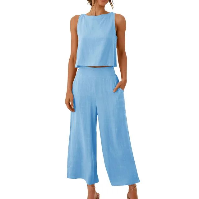 New Casual Sleeveless Top Wide Leg Trousers Suit Sky Blue - Shop at LoveMi