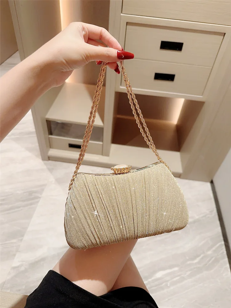 Shiny Pleated Evening Party Dress One Shoulder Prom Bag Gold - Shop at LoveMi