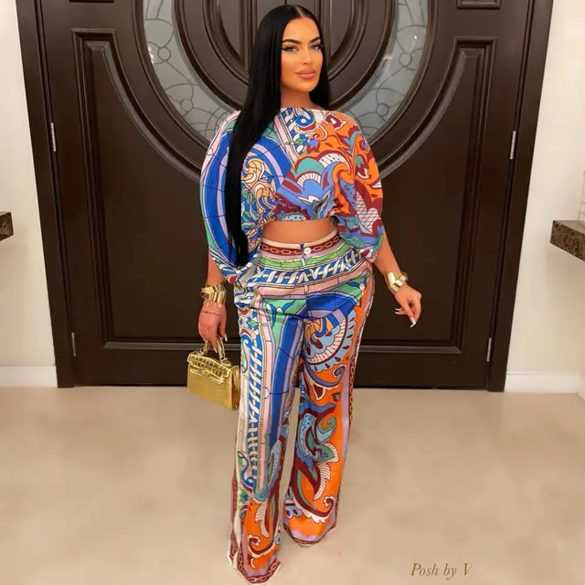 Off the neck Cropped Lantern Sleeve Printed Trousers Suit Color - Shop at LoveMi