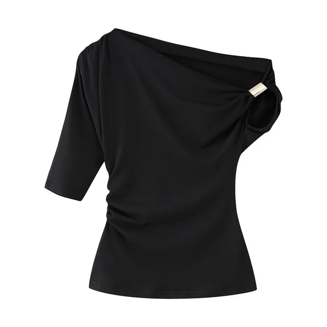 Women's Fashion Shoulder baring Asymmetric Top Black - Shop at LoveMi