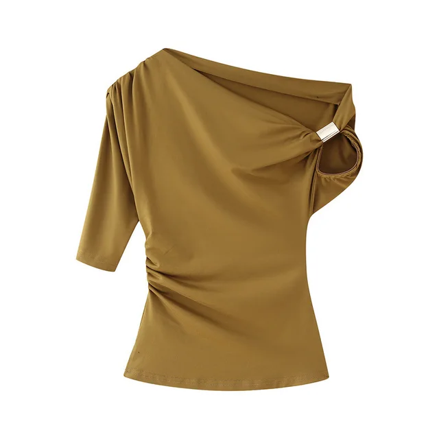 Women's Fashion Shoulder baring Asymmetric Top Olive Tree - Shop at LoveMi