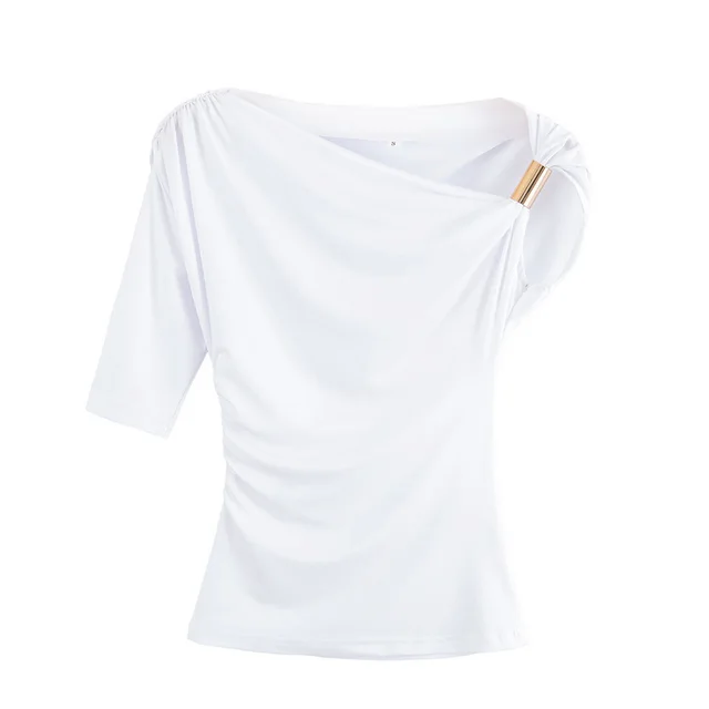 Women's Fashion Shoulder baring Asymmetric Top White - Shop at LoveMi