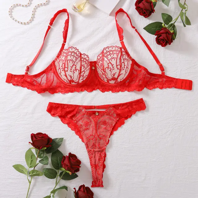 Gathered Steel Ring Bra Set French Mesh See through Sexy Underwear Two piece Red - Shop at LoveMi