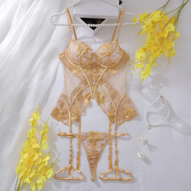 Bra Set Mesh See through Thin Lace Seduction Underwear Underwear Three piece Set Gold - Shop at LoveMi