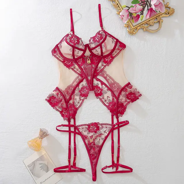 Bra Set Mesh See through Thin Lace Seduction Underwear Underwear Three piece Set Wine Red - Shop at LoveMi