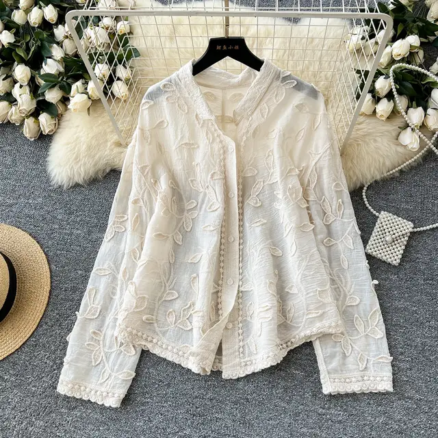 Heavy Industry Leaf Embroidery Cardigan Long Sleeve Top Apricot - Shop at LoveMi
