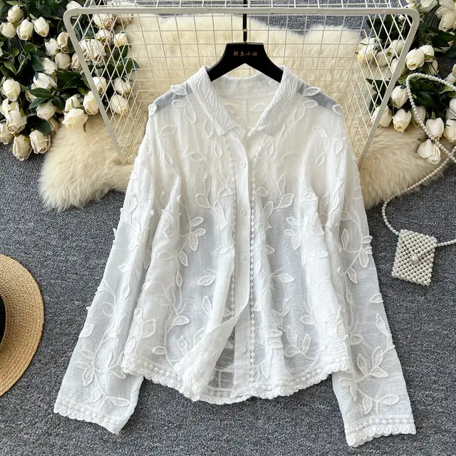Heavy Industry Leaf Embroidery Cardigan Long Sleeve Top White - Shop at LoveMi
