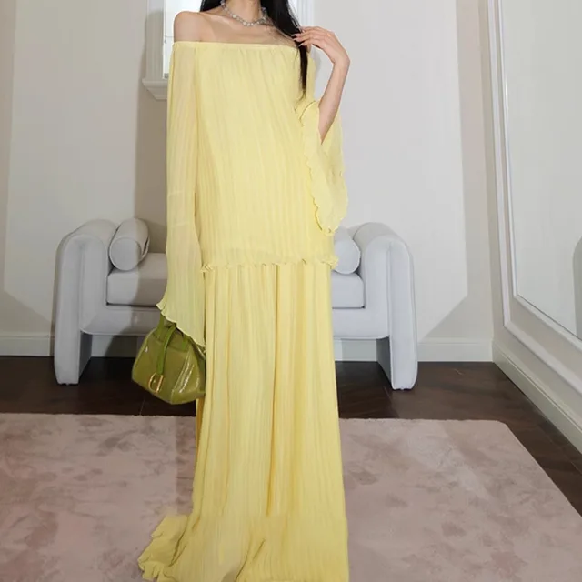 Yellow Off neck Long sleeved Top Mop Skirt Suit Black - Shop at LoveMi