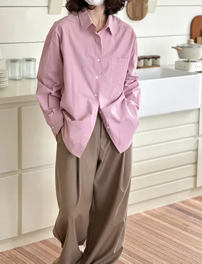 Korean Style Sense Of Design Lapel Long Sleeve Shirt Pink - Shop at LoveMi