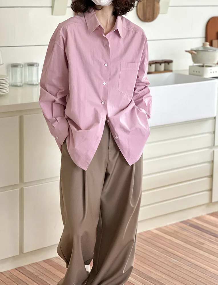 Korean Style Sense Of Design Lapel Long Sleeve Shirt Pink - Shop at LoveMi