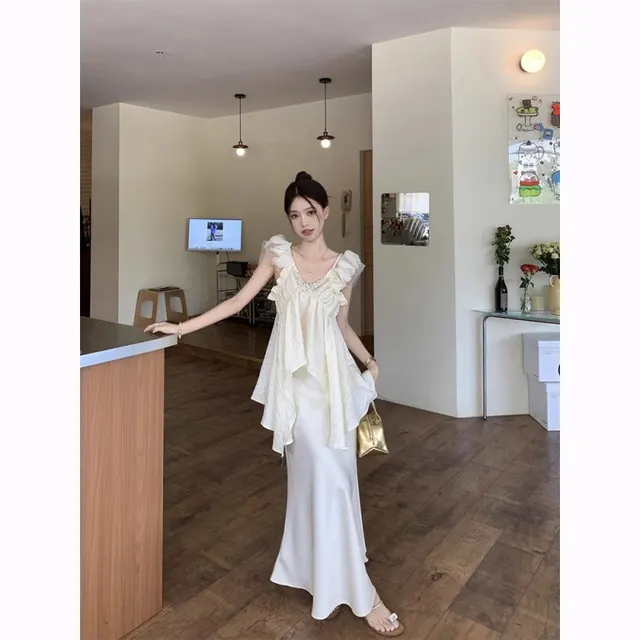 V neck Irregular Ruffled Shirt Satin Skirt Fashion Suit Suit - Shop at LoveMi