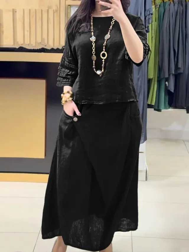 Casual Solid Color Loose Dress Two piece Suit Black - Shop at LoveMi