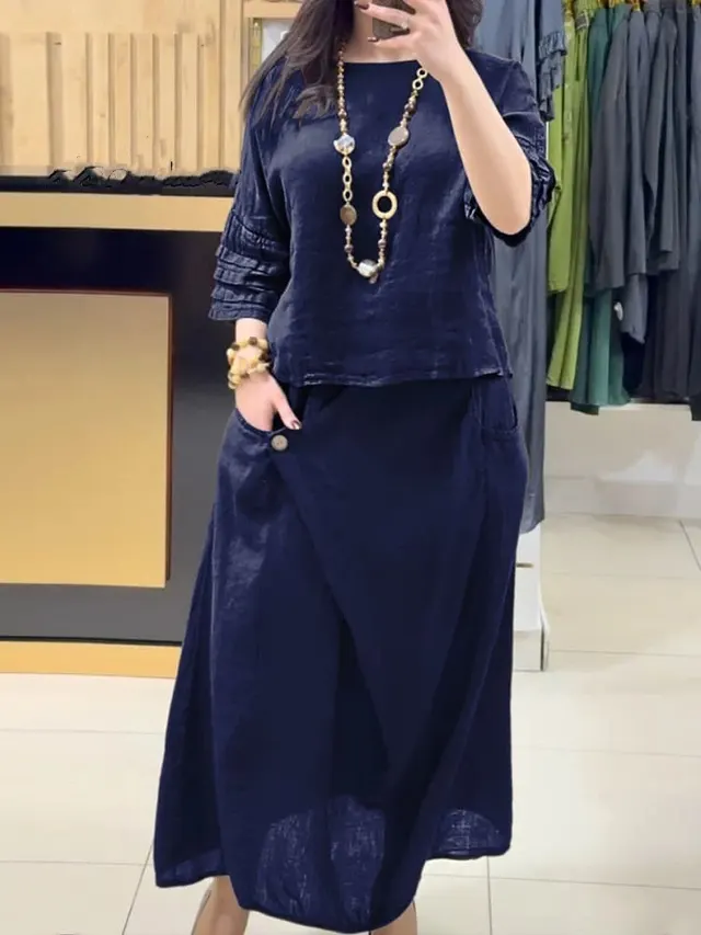 Casual Solid Color Loose Dress Two piece Suit Dark Blue - Shop at LoveMi