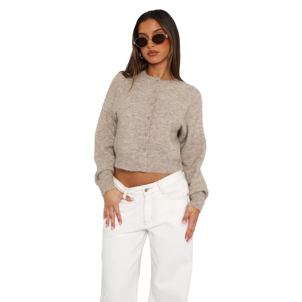 Comfort And Casual Solid Color Woolen Cardigan Short Coat Top Sweater Apricot Brown - Shop at LoveMi
