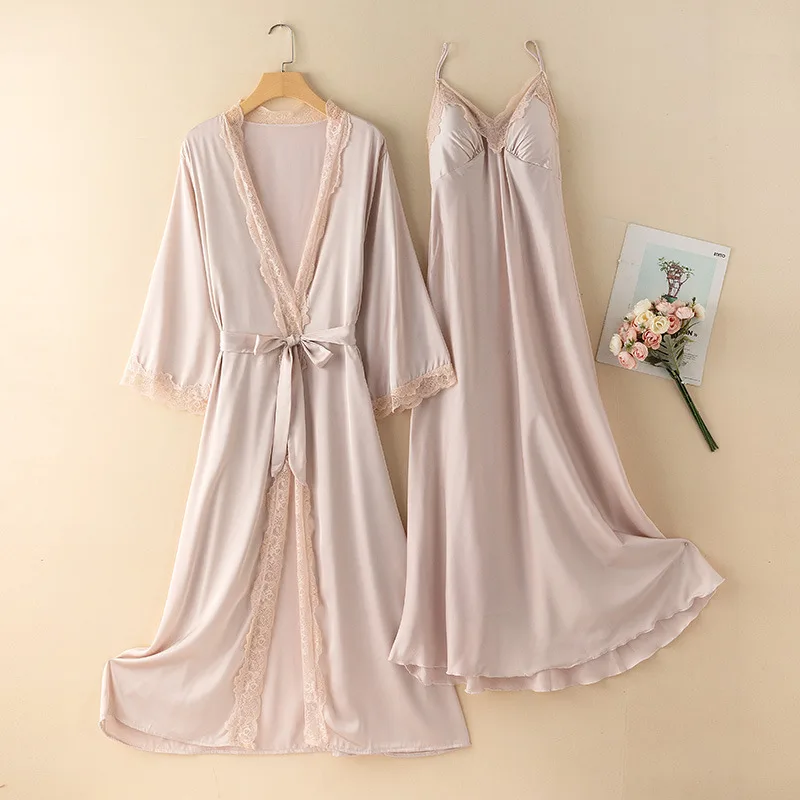 Spring And Summer Ice Silk Thin Nightgown Nightdress Two-piece Set With Chest Pad Pure Desire Style Home Wear - Apricot - View 1
