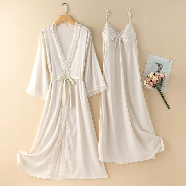 Spring And Summer Ice Silk Thin Nightgown Nightdress Two piece Set With Chest Pad Pure Desire Style Home Wear White - Shop at LoveMi