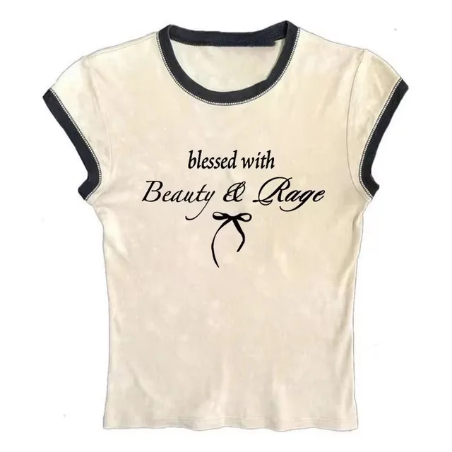 Sexy Navel T shirt Letter Print Casual All matching Tops Beige 1 - Shop at LoveMi