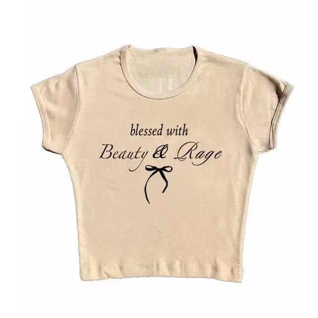 Sexy Navel T shirt Letter Print Casual All matching Tops Beige 2 - Shop at LoveMi