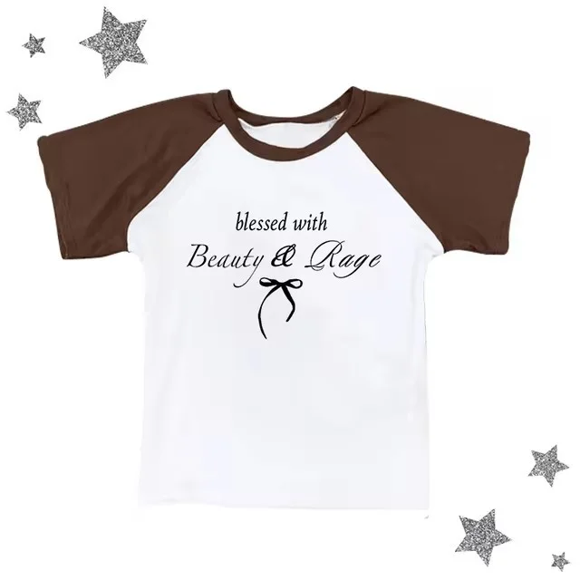 Sexy Navel T shirt Letter Print Casual All matching Tops Brown White - Shop at LoveMi