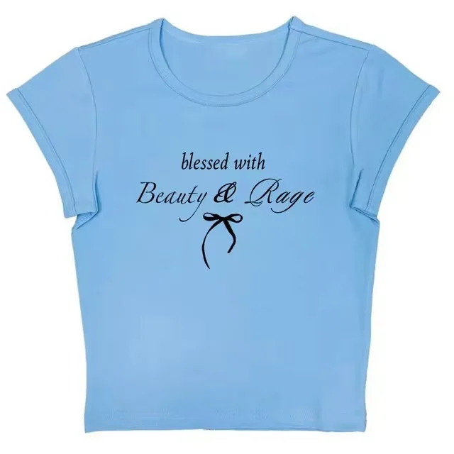 Sexy Navel T shirt Letter Print Casual All matching Tops Sky Blue - Shop at LoveMi