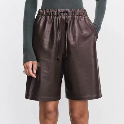 Sheepskin Elastic Waistband All match Casual Straight leg Leather Shorts Women Brown - Shop at LoveMi