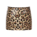 Women's Contrast Color Stretch Leopard Print Sequin Shiny Hip Skirt - Brown