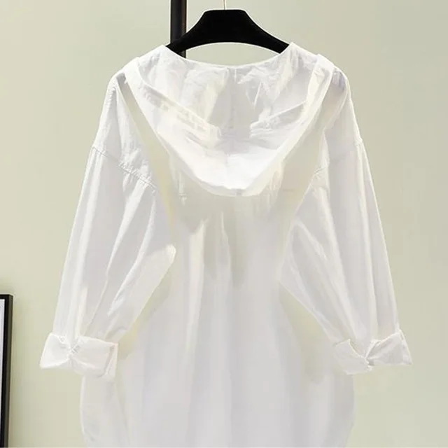 Hooded Pure Cotton Shirt Thin Women's Casual Sun proof Coat White - Shop at LoveMi