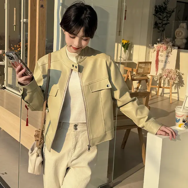 Spring And Autumn Clothing Slimming Leather Coat Matcha - Shop at LoveMi