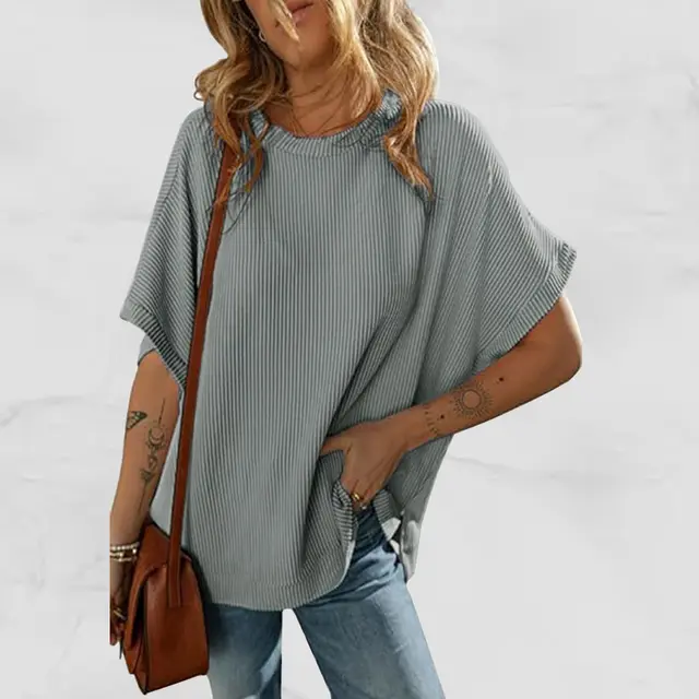 Women's Solid Color Knitted T shirt Loose Casual Pullover Gray - Shop at LoveMi