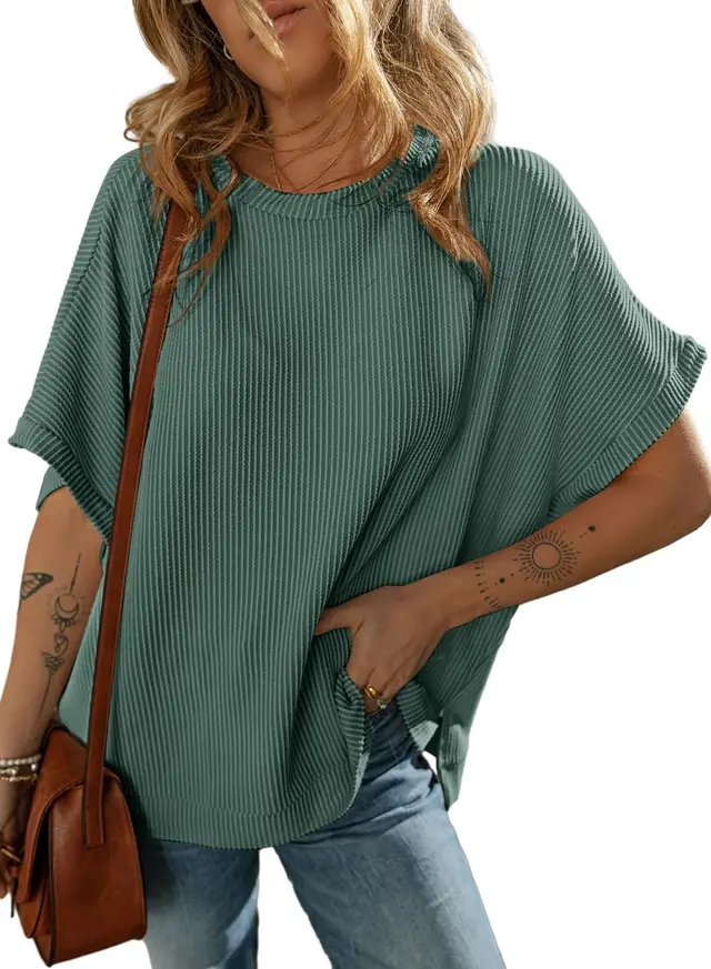 Women's Solid Color Knitted T shirt Loose Casual Pullover Style 2 - Shop at LoveMi