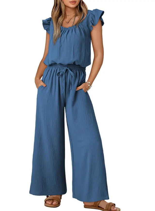 Square Collar Sleeveless Camisole Wide Leg Trousers Blue - Shop at LoveMi