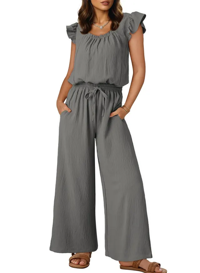 Square Collar Sleeveless Camisole Wide Leg Trousers Gray - Shop at LoveMi