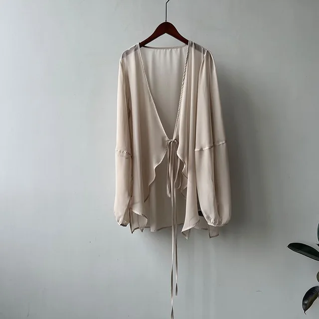 Chiffon Sun Protection Shirt Women's Summer Thin French Top Loose Small Cardigan Drape Inverness Blouse Khaki - Shop at LoveMi