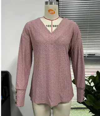 Casual Long Cufflinks Hollow Out Lace Hollow Out Shirt - Pink Color