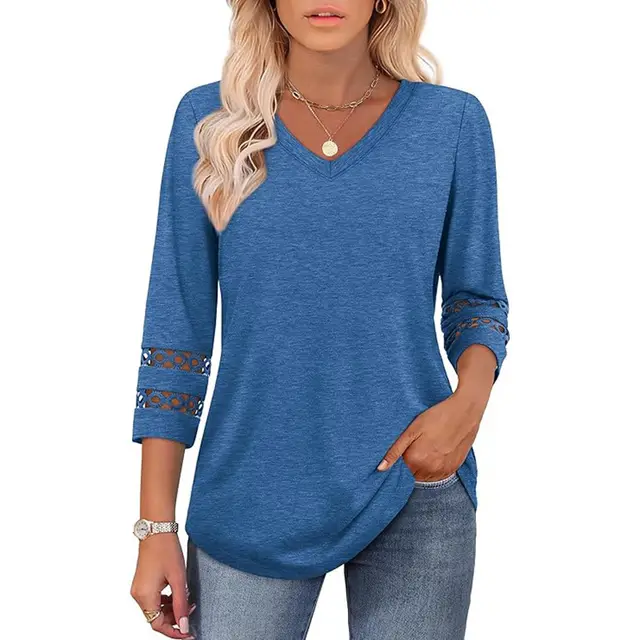 Solid Color Loose V neck 34 Sleeves Women Blue - Shop at LoveMi