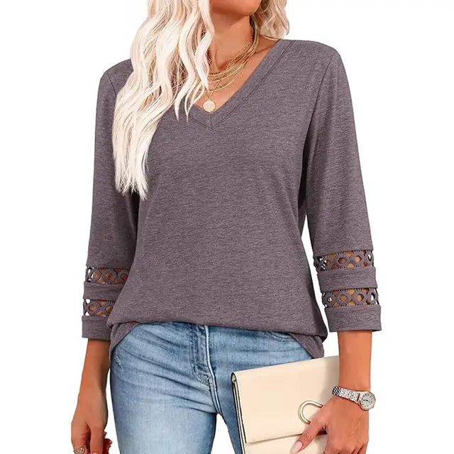 Solid Color Loose V neck 34 Sleeves Women Coffee Gray - Shop at LoveMi