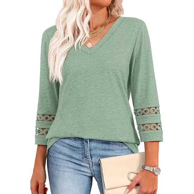 Solid Color Loose V neck 34 Sleeves Women Light Green - Shop at LoveMi