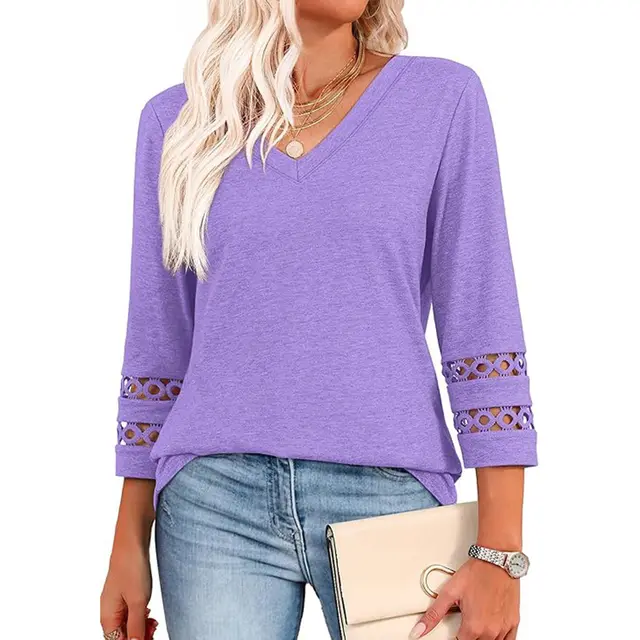 Solid Color Loose V neck 34 Sleeves Women Purple - Shop at LoveMi