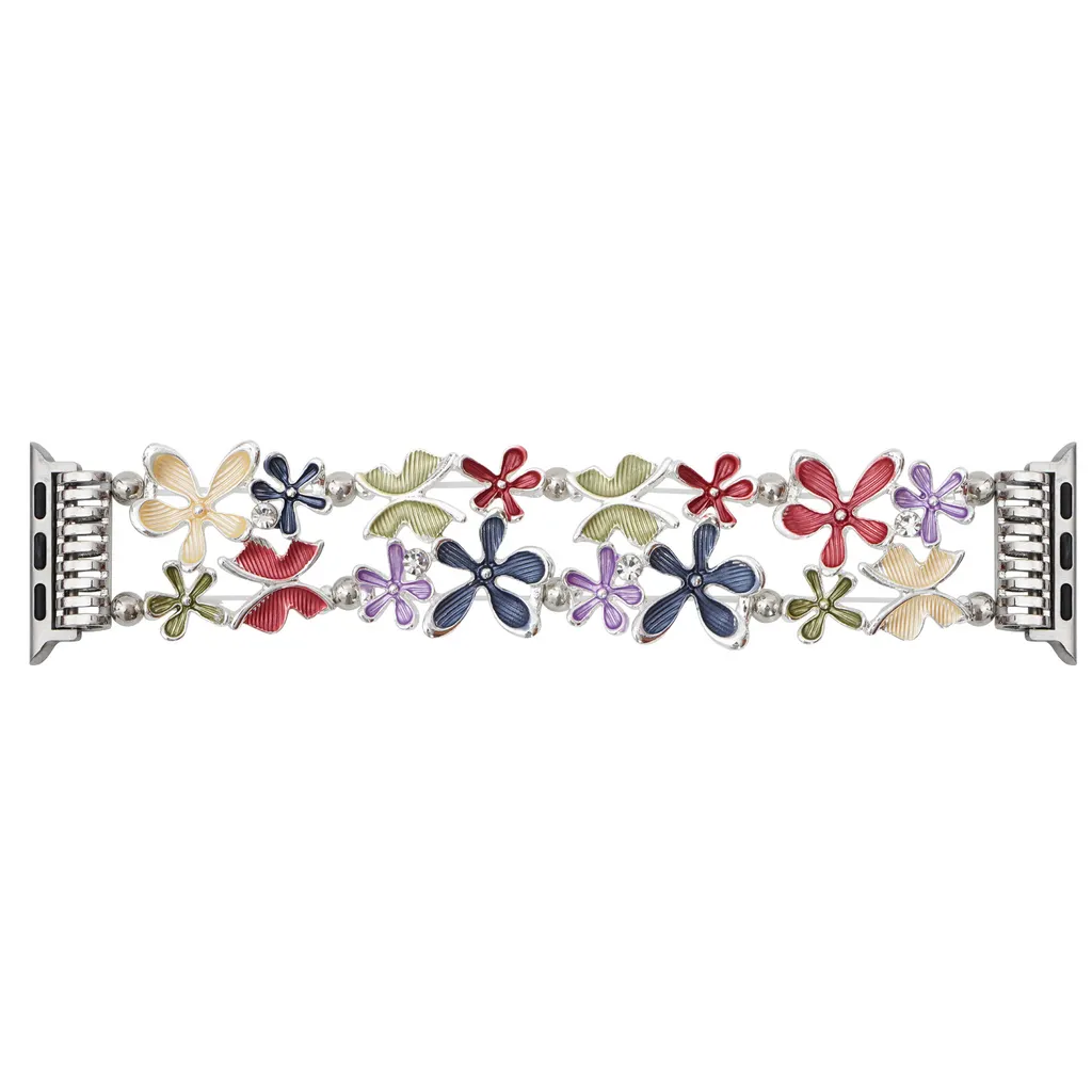 Coloured Flowers Alloy Chain Watch Band - Red